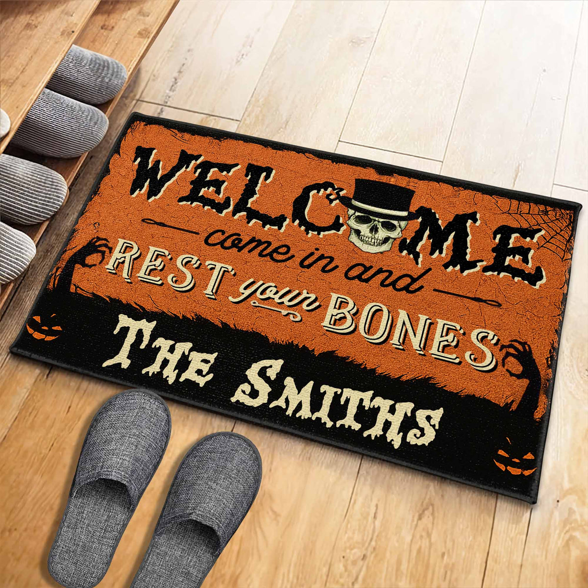 "Come In And Rest Your Bones" Personalized Halloween Doormat - Custom Front Porch Decor for Family