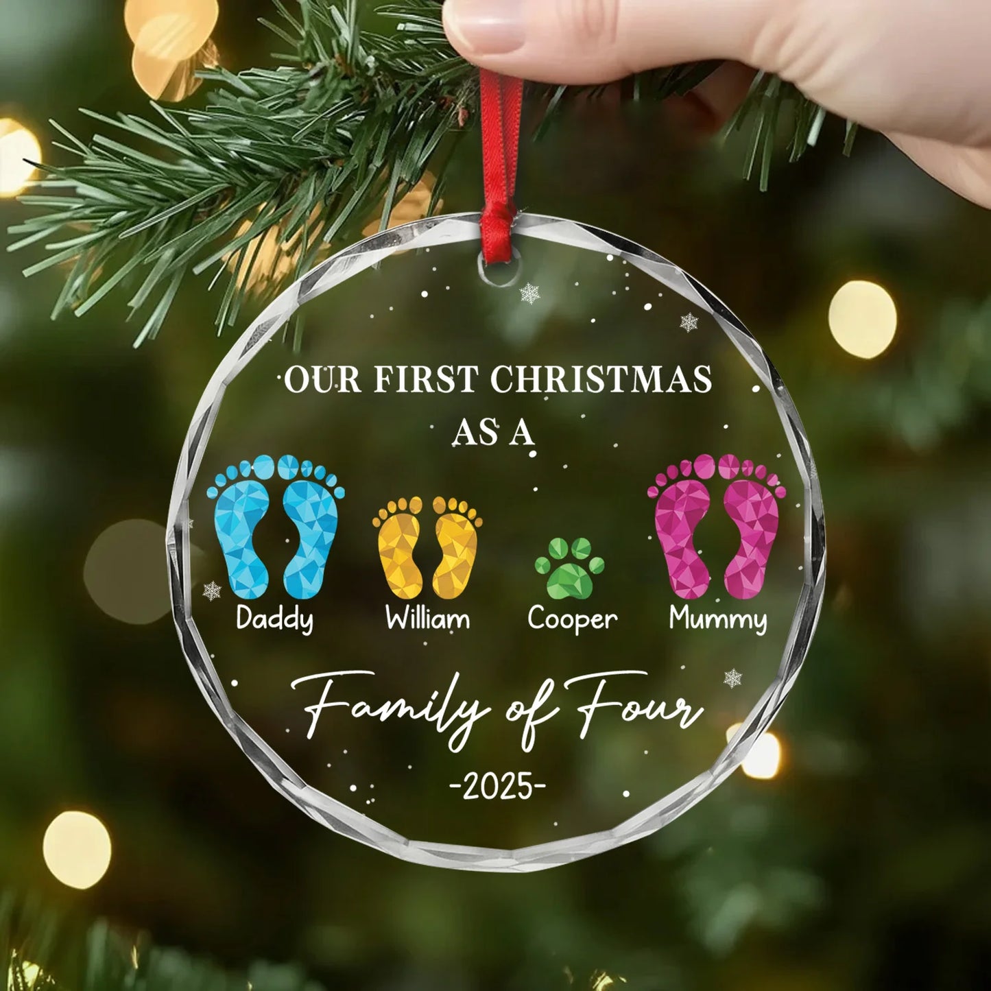 Our First Christmas As A Family Personalized Glass Ornament - Custom Footprints Keepsake for Mom & Dad