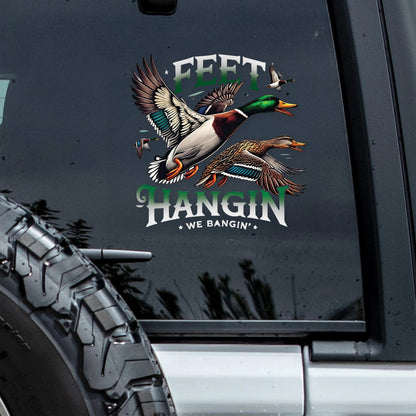 Feet Hangin We Bangin custom hunting car decal sticker featuring flying mallard ducks on a truck window.