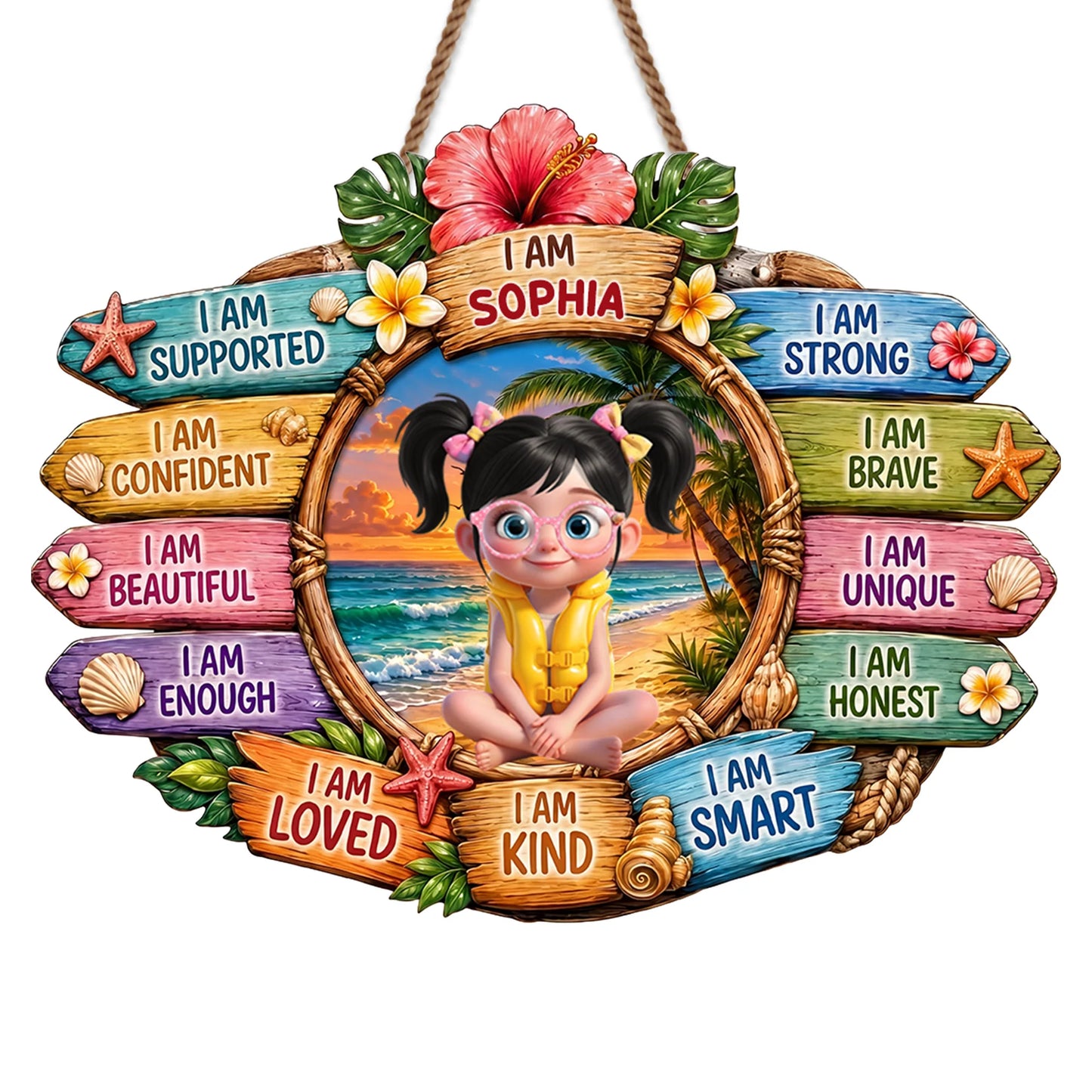 Personalized kids affirmations wood sign with a custom name, beach girl illustration, and daily positive mantras image 7
