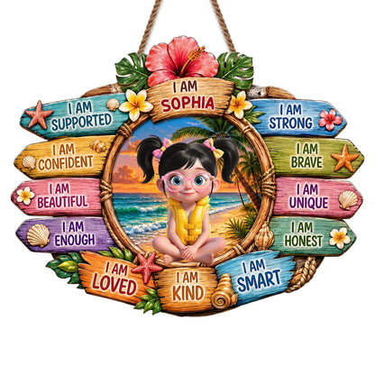 Personalized kids affirmations wood sign with a custom name, beach girl illustration, and daily positive mantras image 7