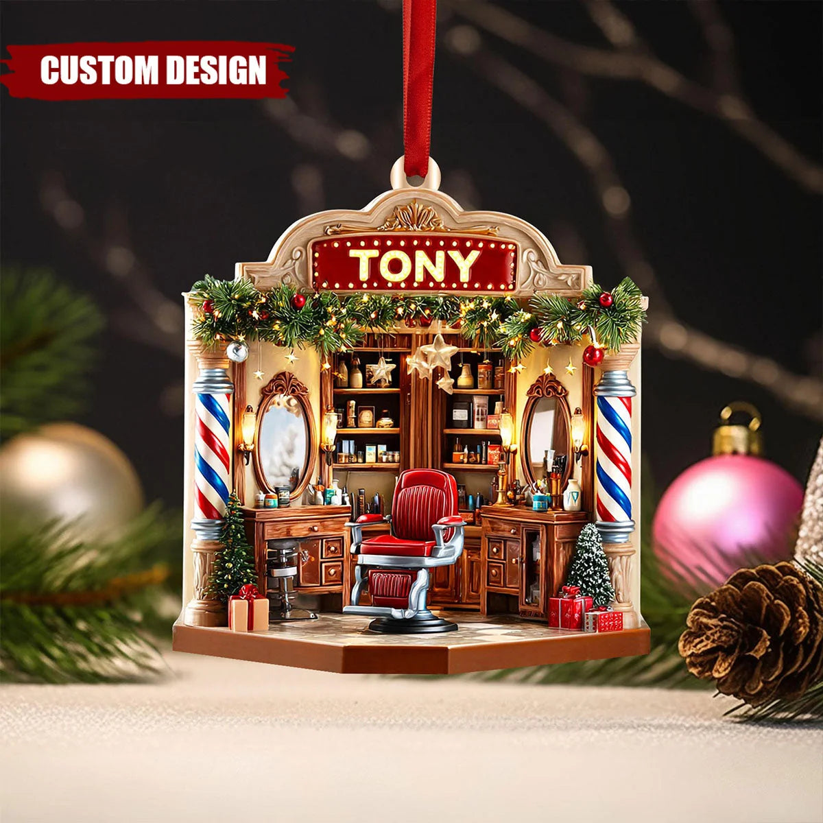 Personalized Barber Shop Christmas Ornament - Custom Name Wooden Gift for Barbers