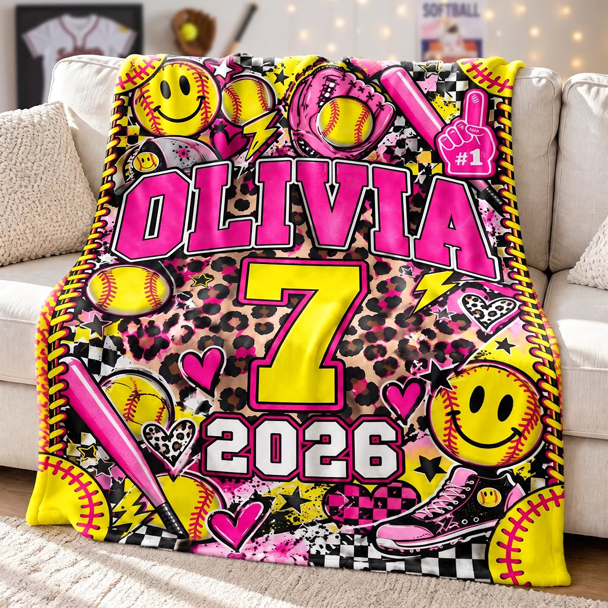 Custom Name & Jersey Number Personalized Softball Blanket - Cozy Leopard Fleece Throw Gift for Girls