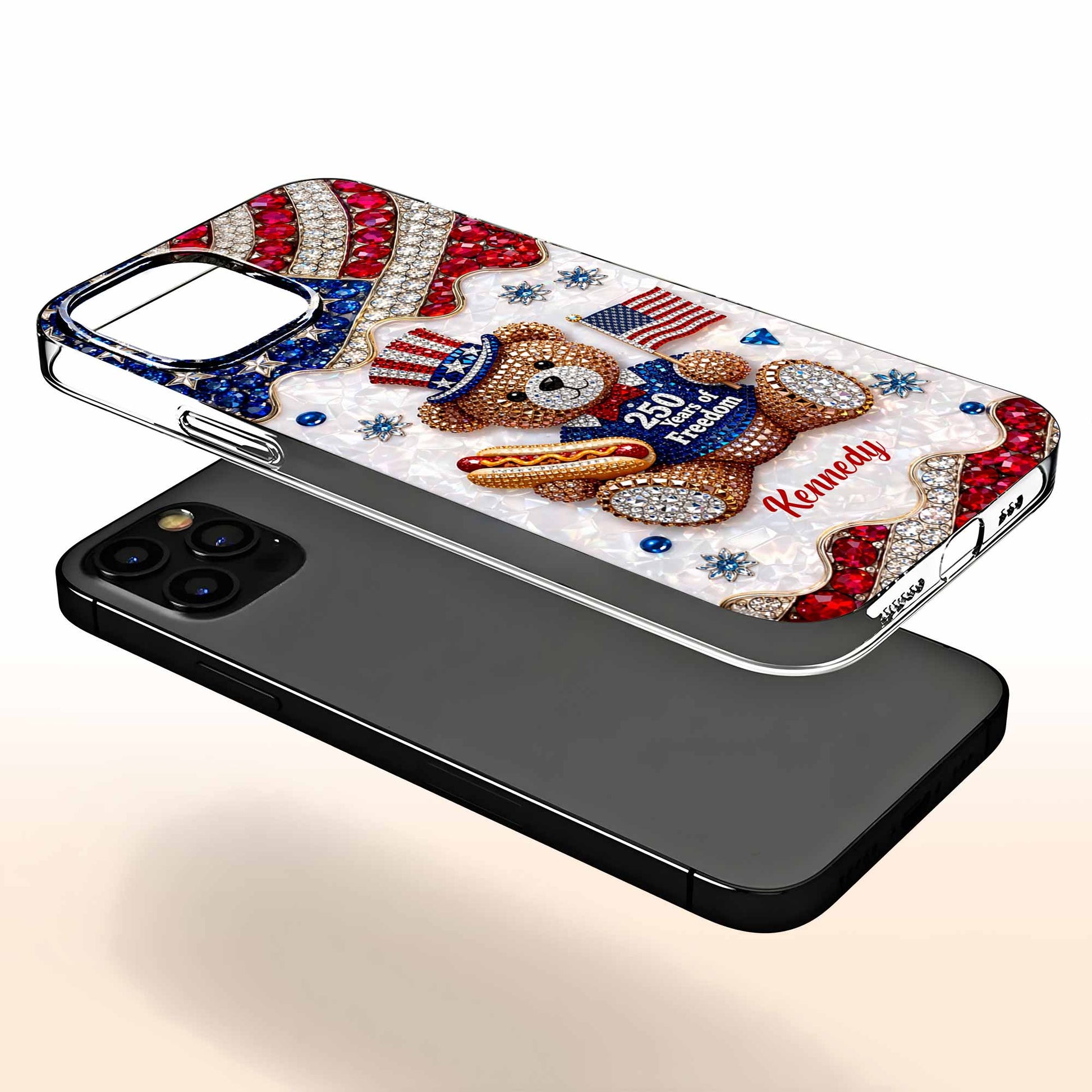 Patriotic clear phone case with 250 Years of Freedom teddy bear and custom name for iPhone and Samsung image 9