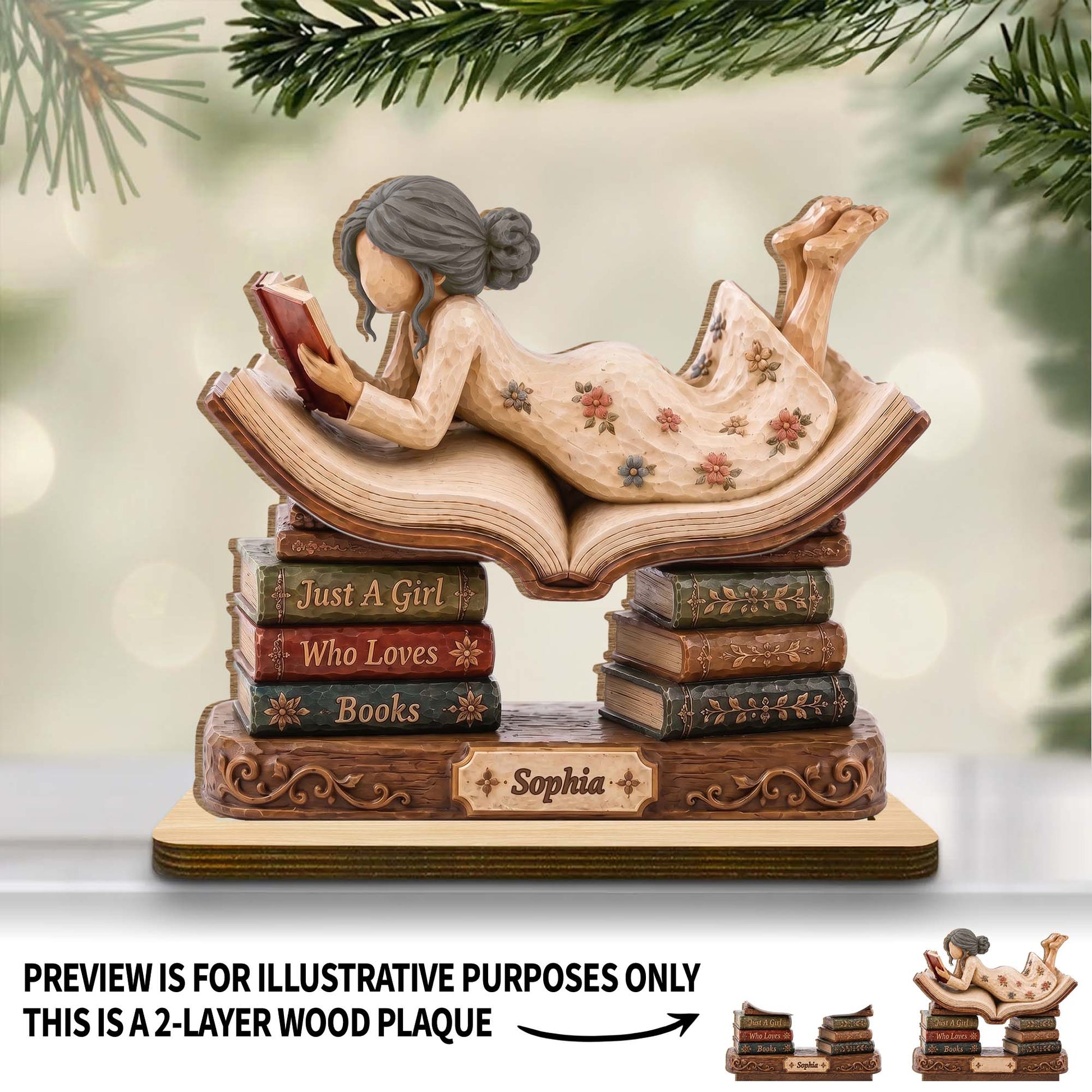 Personalized book lover wood plaque featuring a girl reading on a stack of books with custom name engraving image 7