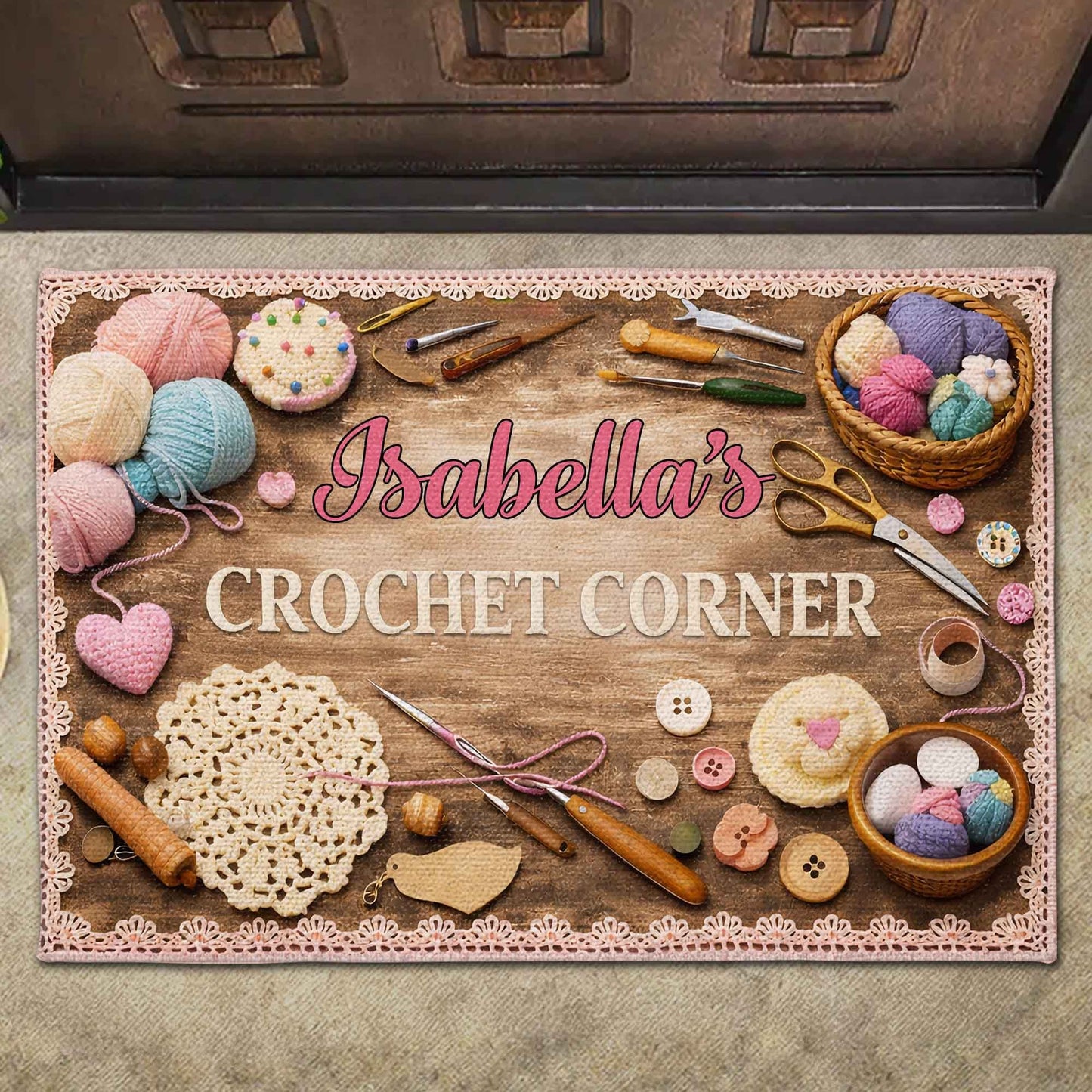 Personalized Crochet Corner doormat with colorful yarn balls and knitting tools, custom name gift for crafters image 6