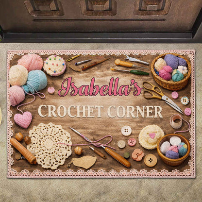 Personalized Crochet Corner doormat with colorful yarn balls and knitting tools, custom name gift for crafters image 6