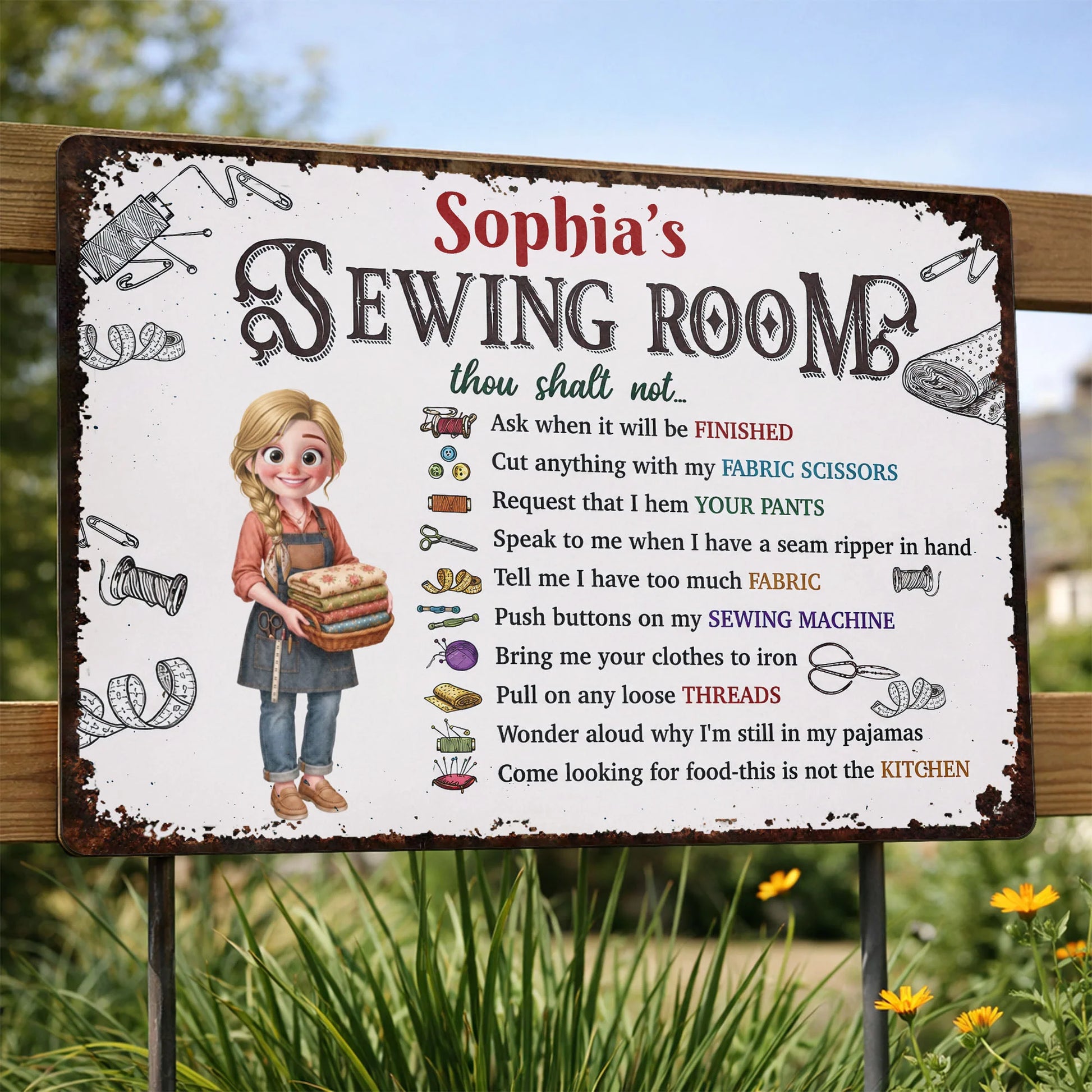 Personalized sewing room rules metal sign with funny rules and custom name for craft room wall decor image 8