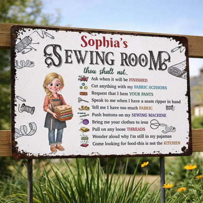 Personalized sewing room rules metal sign with funny rules and custom name for craft room wall decor image 8