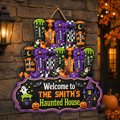 Welcome to Grandpa & Grandma's Haunted House - Personalized Halloween Wood Sign with Custom Witch Boots Decor