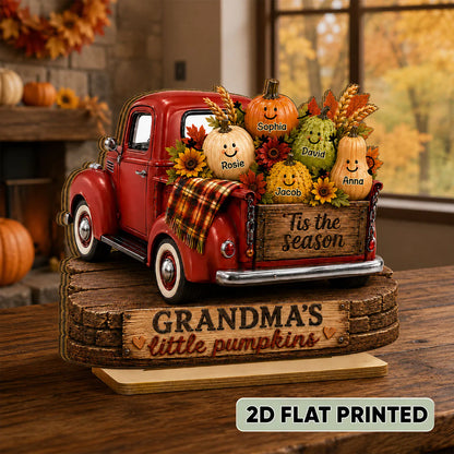 Personalized grandma pumpkin sign featuring custom names on vintage red truck for fall tabletop decor