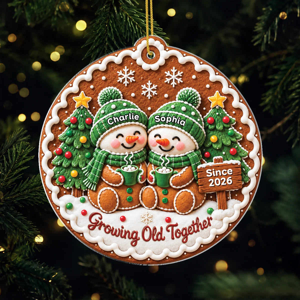 Growing Old Together Personalized Gingerbread Couple Acrylic Ornament - Custom Christmas Keepsake Gift