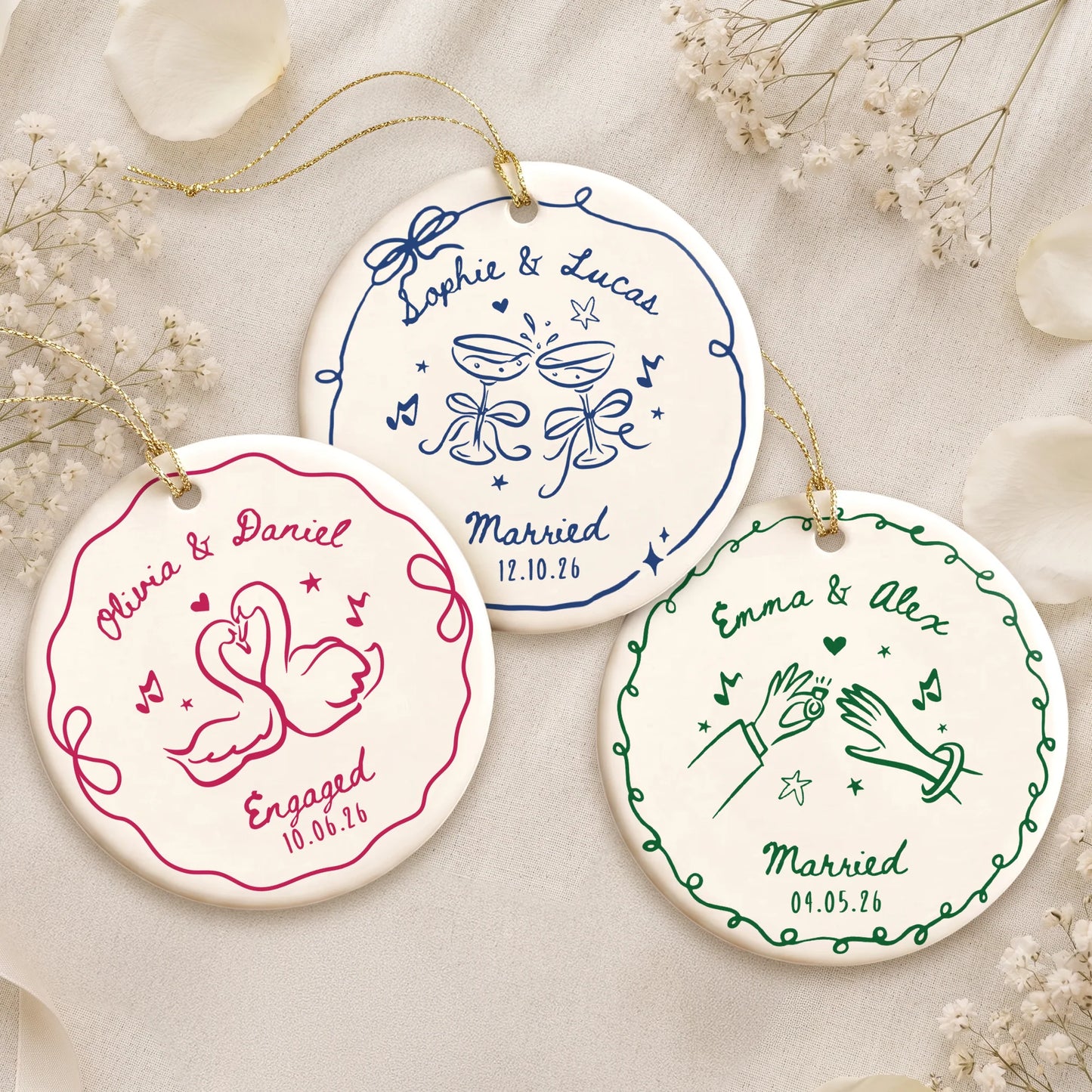 Personalized Engaged Married Couple Christmas Ceramic Ornament - Custom Couples Gift Keepsake