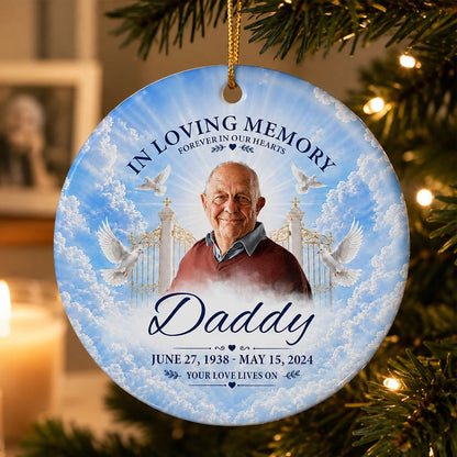"In Loving Memory Your Love Lives On" Personalized Ceramic Ornament - Custom Photo Memorial Keepsake Gift