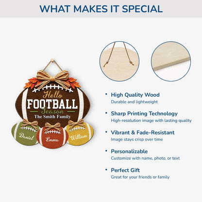 Hello Football Season Wood Sign - Personalized Family Name Door Hanger Decor