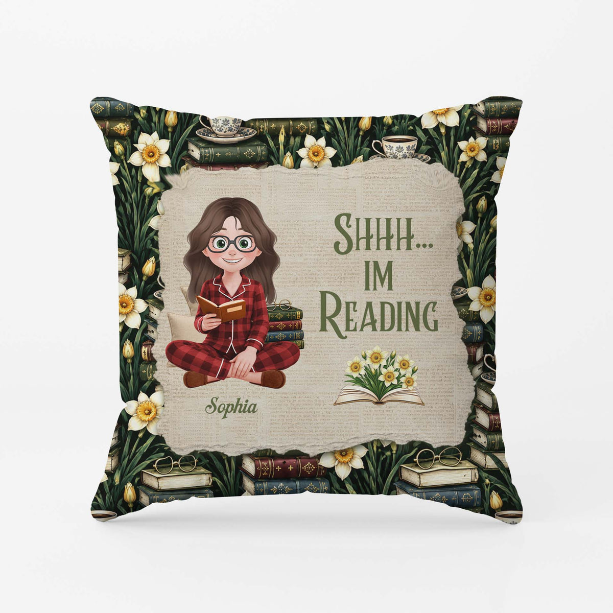 Personalized Shhh I’m Reading Pillow - Custom Birth Flower Book Lover Keepsake Gift for Bookworm