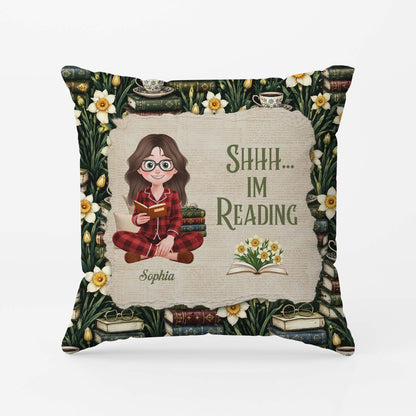 Personalized Shhh I’m Reading Pillow - Custom Birth Flower Book Lover Keepsake Gift for Bookworm