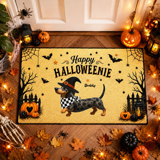 Personalized dachshund halloween doormat with custom dog names for dog lovers decor