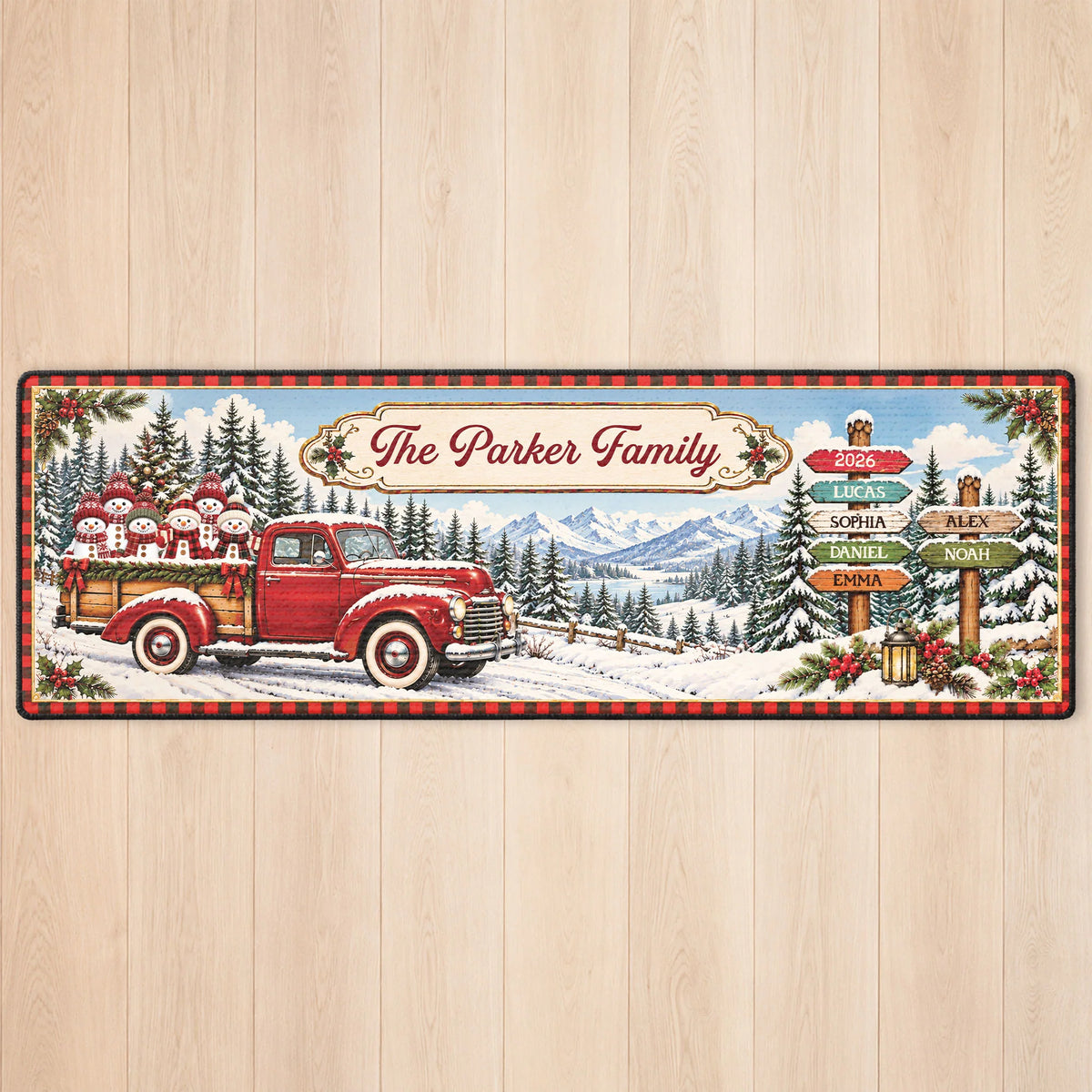 Red Christmas Truck Personalized Runner Rug - Custom Family Name Holiday Kitchen Mat