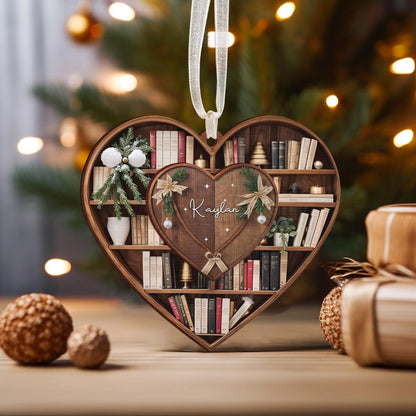 Personalized Bookshelf Heart Wood Ornament - Custom Christmas Gift for Book Lovers