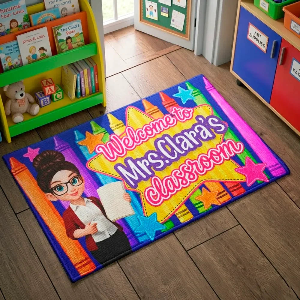 Personalized teacher classroom doormat featuring a colorful crayon design with a custom name print.
