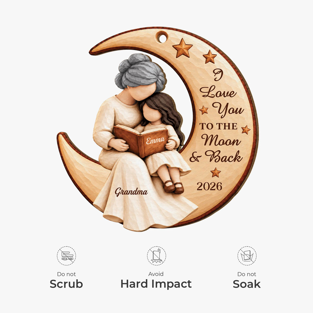 I Love You to the Moon and Back Personalized Wooden Ornament - Christmas Gift for Grandma and Mom