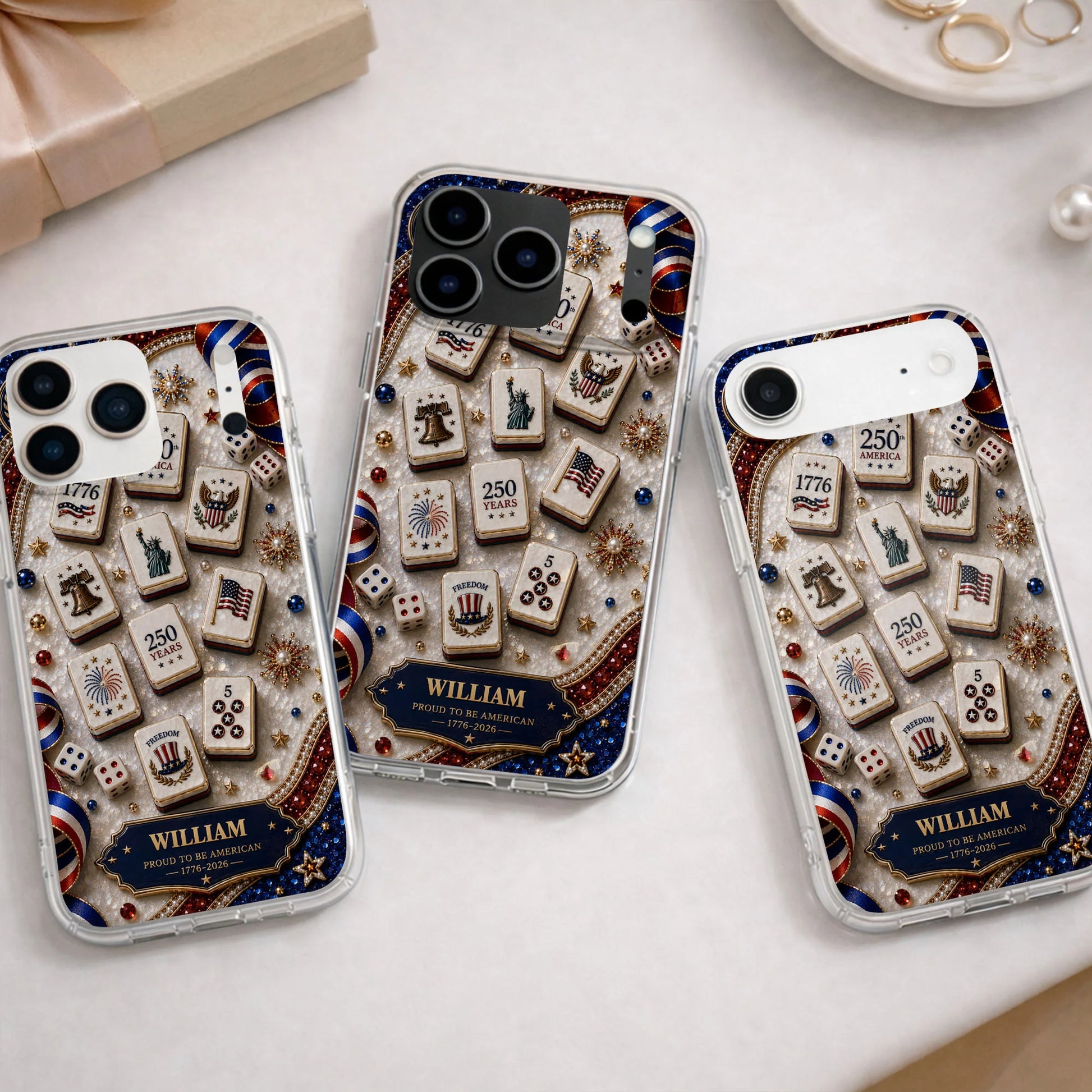 Personalized patriotic clear phone case with 3D mahjong tiles design for USA 250th anniversary gift image 9
