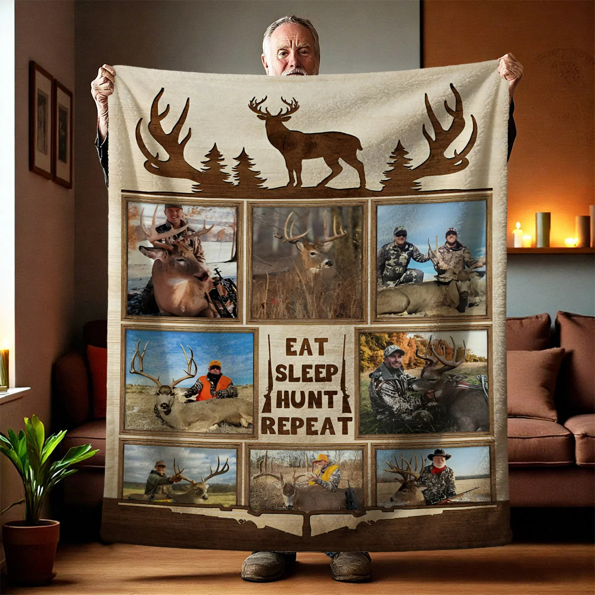 "Eat Sleep Hunt Repeat" Custom Hunting Collage Blanket - Personalized Photo Keepsake Gift for Deer Hunters