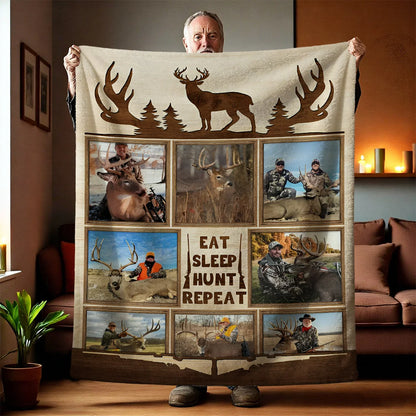 "Eat Sleep Hunt Repeat" Custom Hunting Collage Blanket - Personalized Photo Keepsake Gift for Deer Hunters