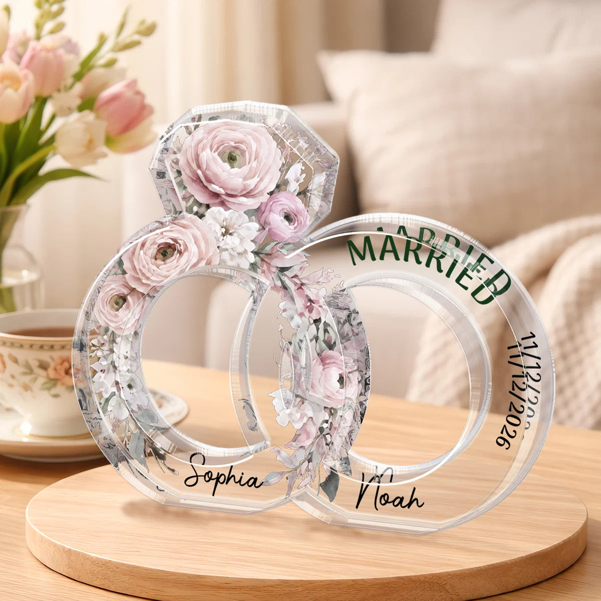 Custom Engagement Floral Rings Acrylic Plaque - Personalized Engagement Gift for Couples