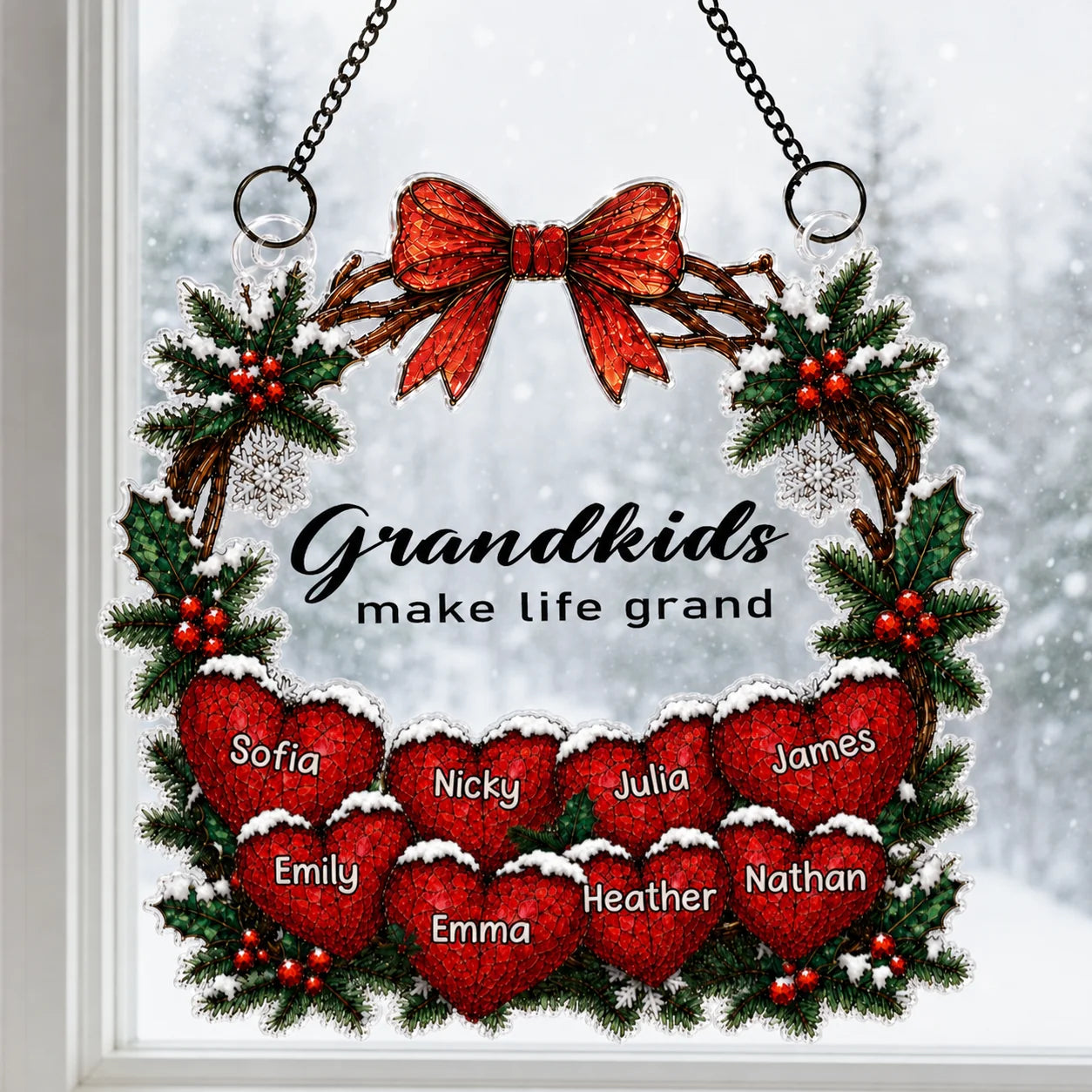 "Grandkids Make Life Grand" Personalized Grandma Suncatcher Ornament - Custom Family Name Christmas Gift Decor