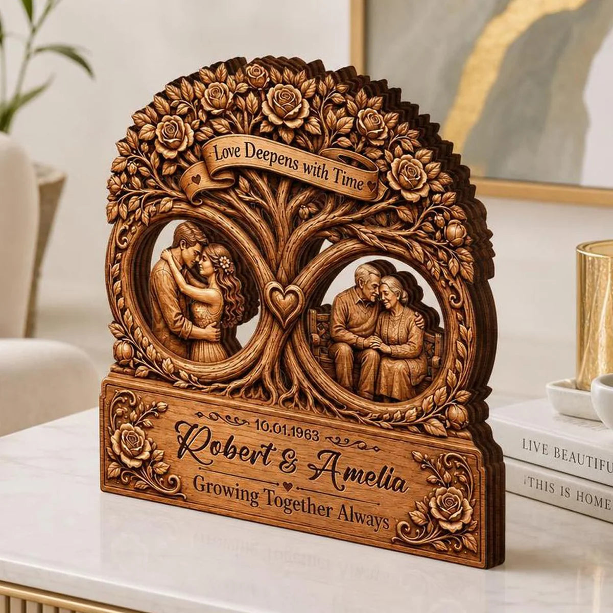 "Love Deepens With Time Tree" Personalized Wooden Block - Custom Anniversary Keepsake Gift for Couples