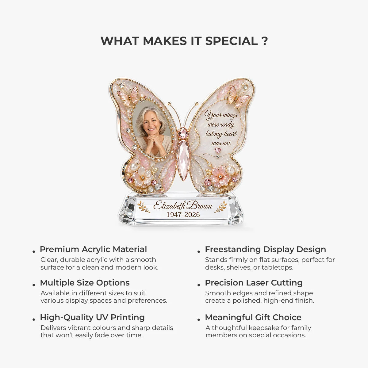 "Your Wings Were Ready" Personalized Memorial Acrylic Plaque - Custom Photo Butterfly Keepsake