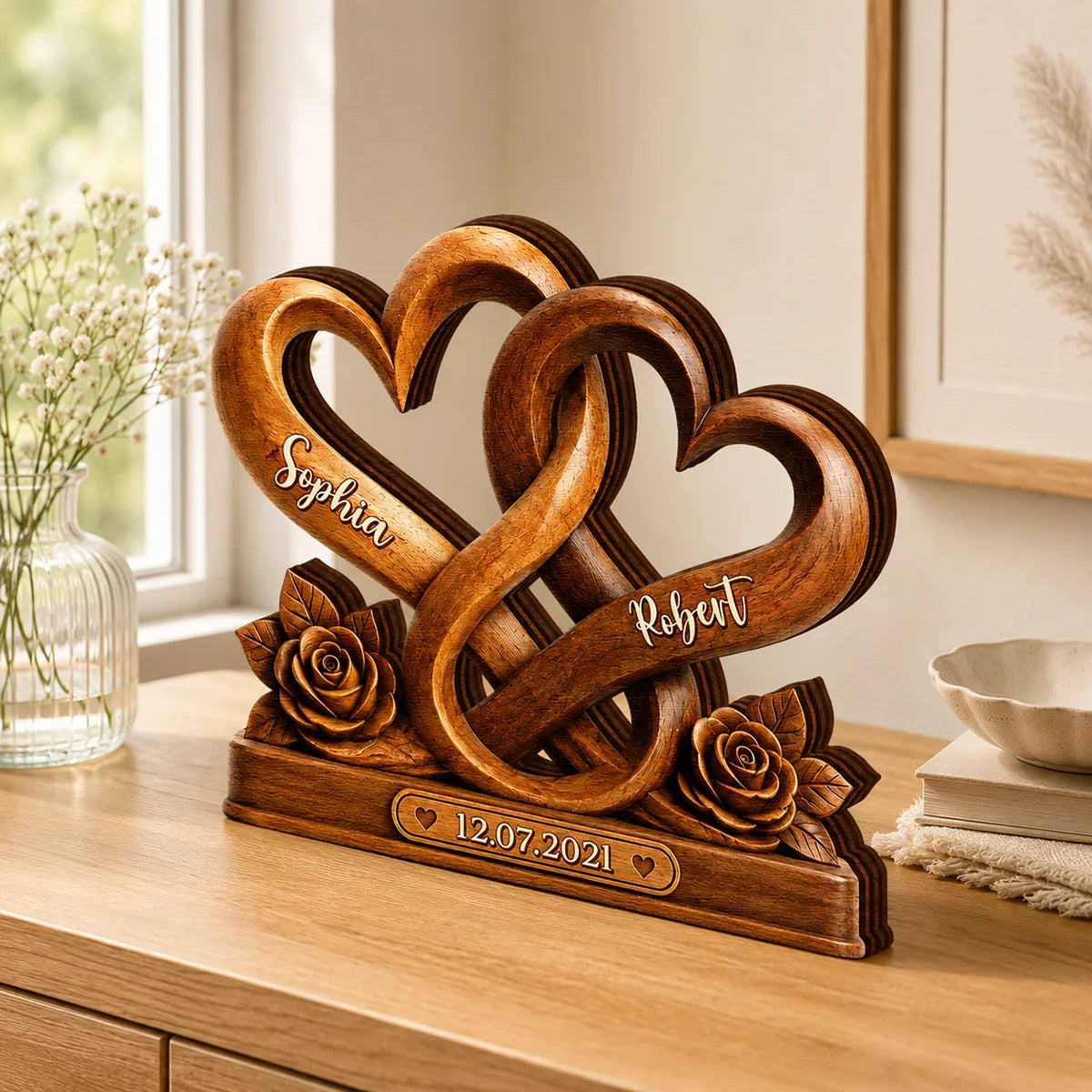 Forever Entwined Hearts Personalized Wooden Block - Custom Couples Romantic Anniversary Gift