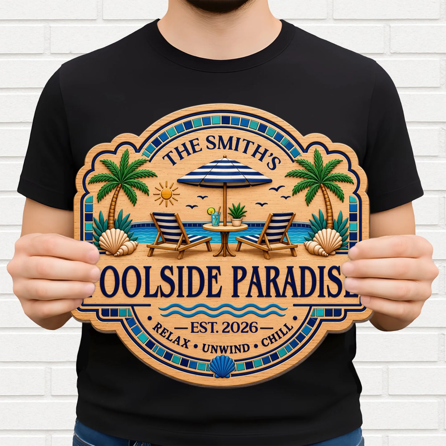 Custom Poolside Paradise Wood Sign personalization view for Couples