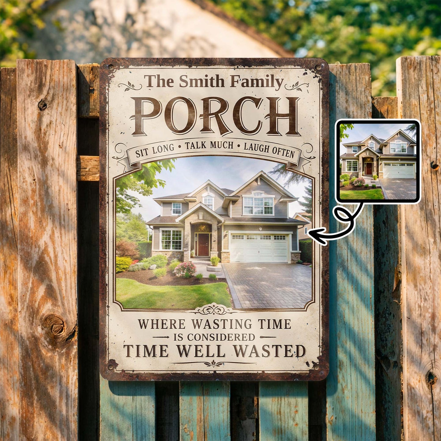 Personalized porch sign with photo print and rustic family name design for outdoor home decor