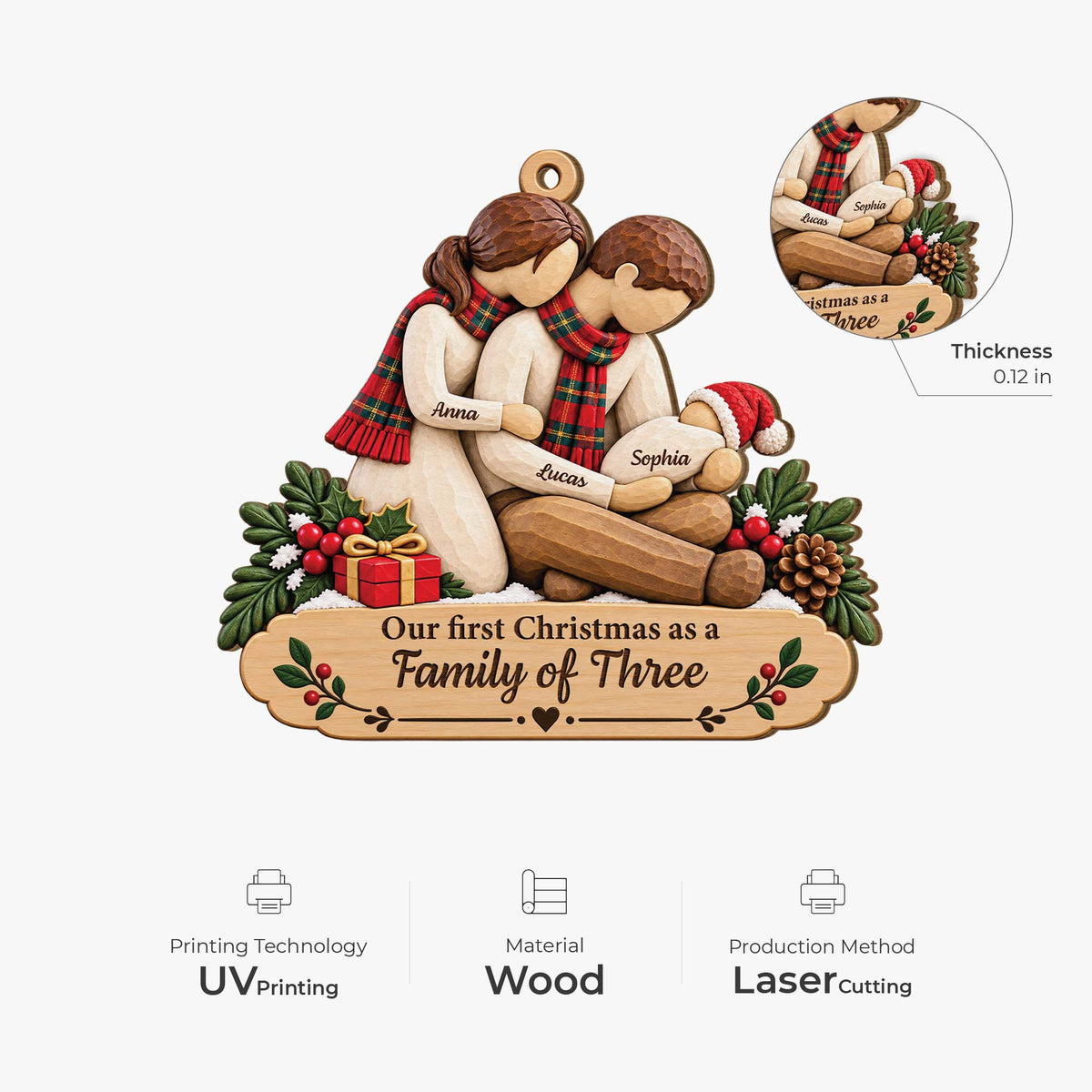 Our First Christmas as a Family of Three - Personalized Wood Ornament Keepsake Gift