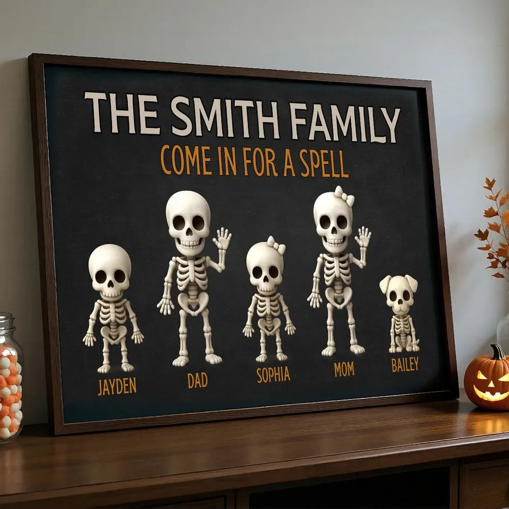 "Come In For A Spell" Personalized Skeleton Family Canvas / Poster - Custom Halloween Wall Art