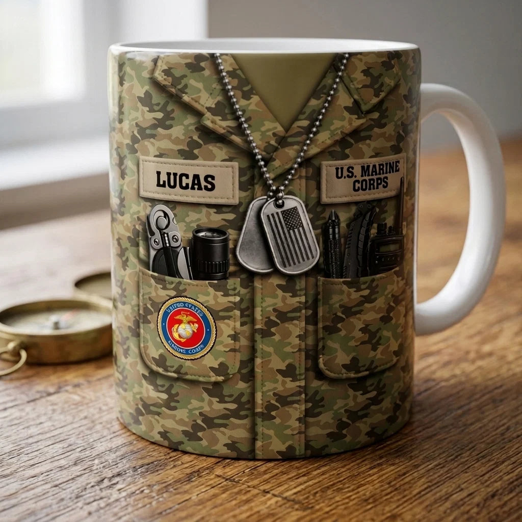 Personalized Military Camo Uniform Mug - Custom Name Coffee Cup Gift for Veterans