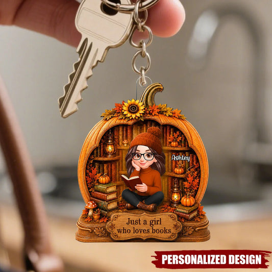 "Just a Girl Who Loves Books" Personalized Book Lover Keychain - Custom Fall Pumpkin Gift