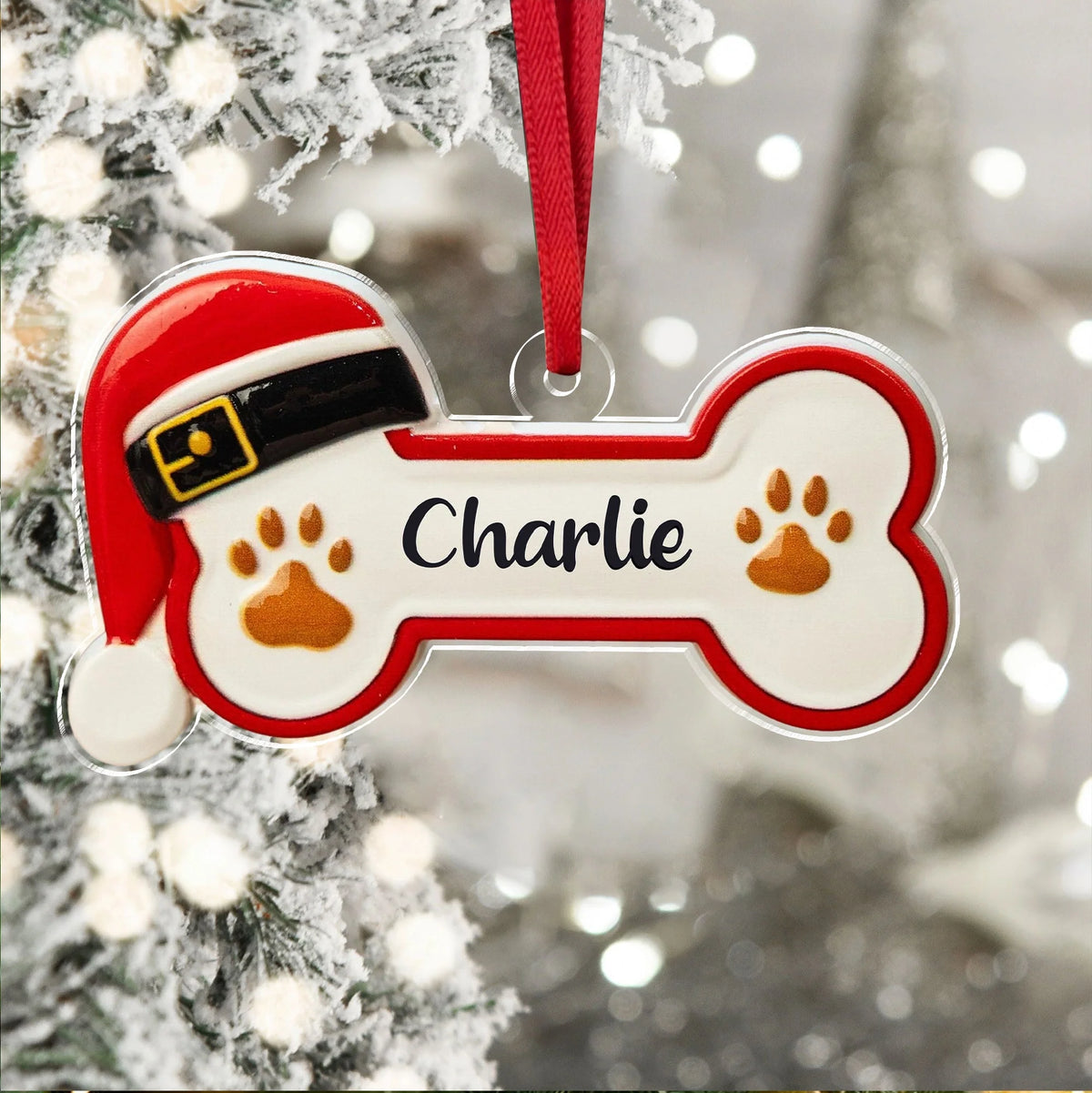 Custom Dog Bone Santa Hat Acrylic Ornament - Personalized Christmas Keepsake for Dog Lovers