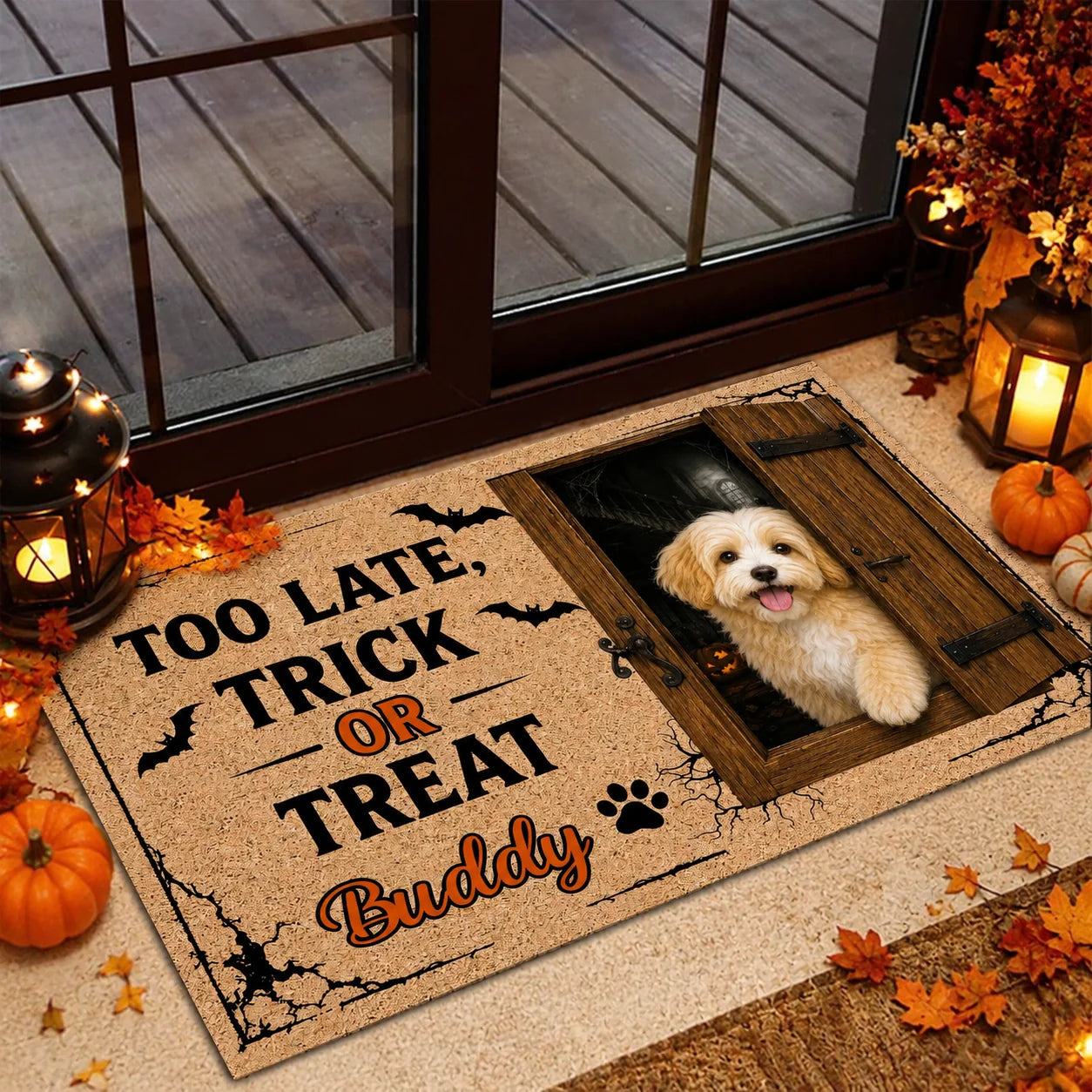 Custom Halloween Dog Doormat for Dog Lovers with personalized design details for meaningful gifting