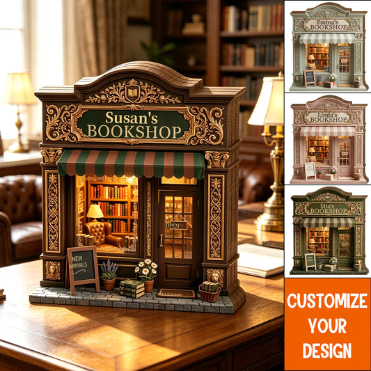 Custom bookshop wooden sign with personalized name plaque, miniature 3D reading nook shelf decor for book lovers