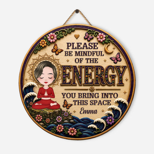 "Mindful Of The Energy You Bring" Personalized Yoga Wood Sign - Custom Name Studio Decor Gift