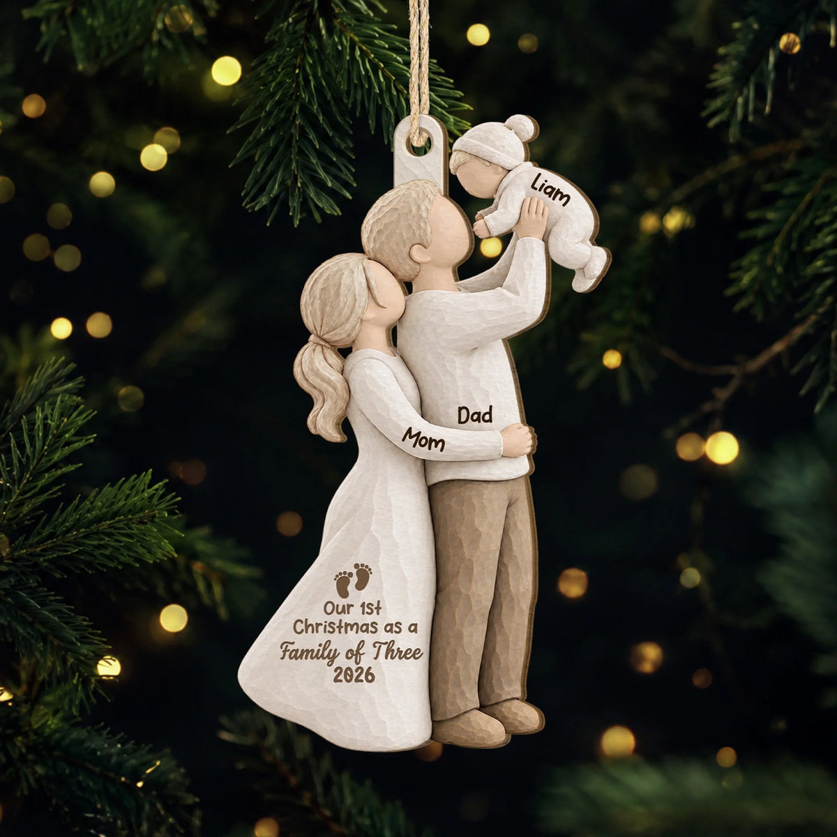 Our First Christmas as a Family of Three Personalized Wooden Ornament - Custom Baby Keepsake Gift for New Parents