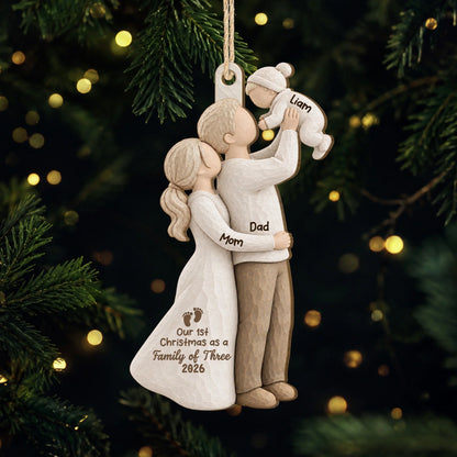 Our First Christmas as a Family of Three Personalized Wooden Ornament - Custom Baby Keepsake Gift for New Parents
