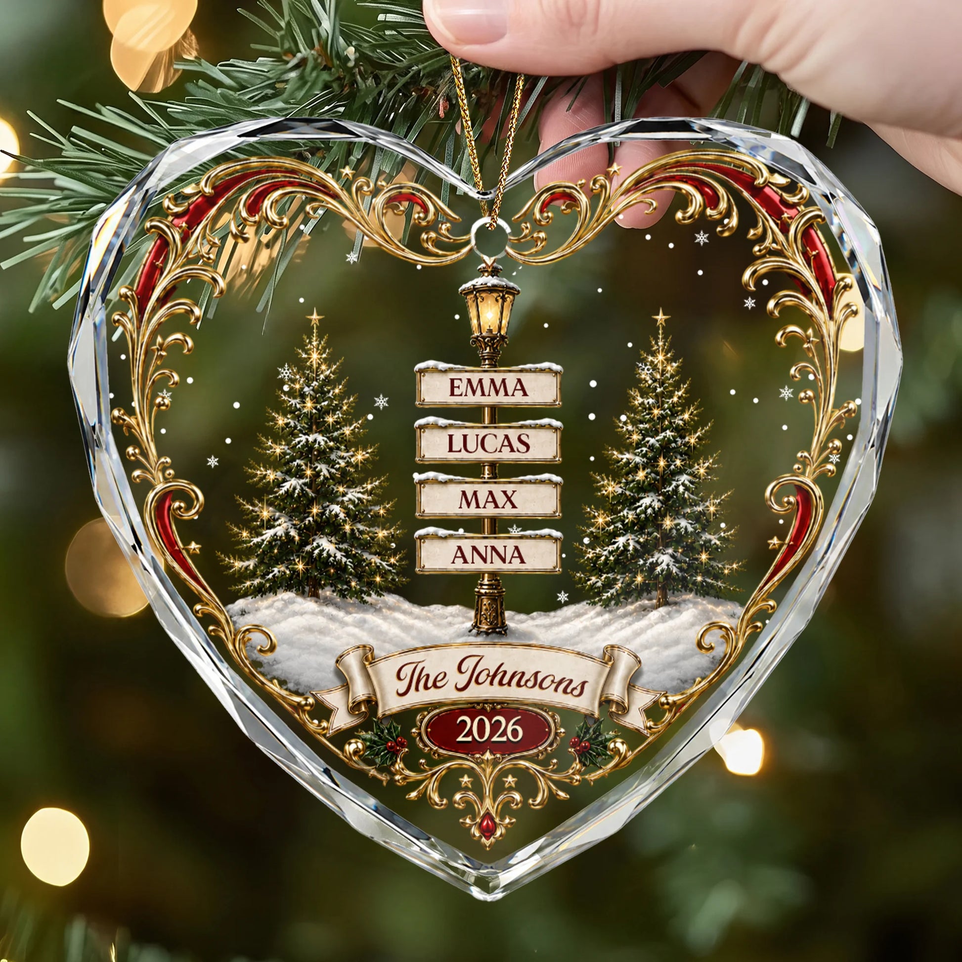 Personalized Family Names Signpost Glass Heart Ornament - Custom Christmas Keepsake Gift