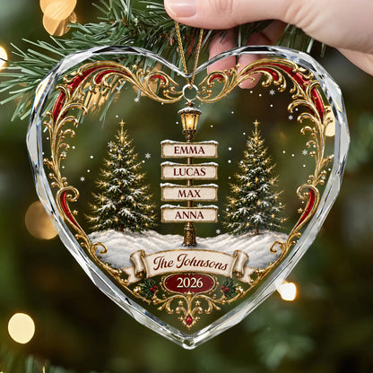 Personalized Family Names Signpost Glass Heart Ornament - Custom Christmas Keepsake Gift