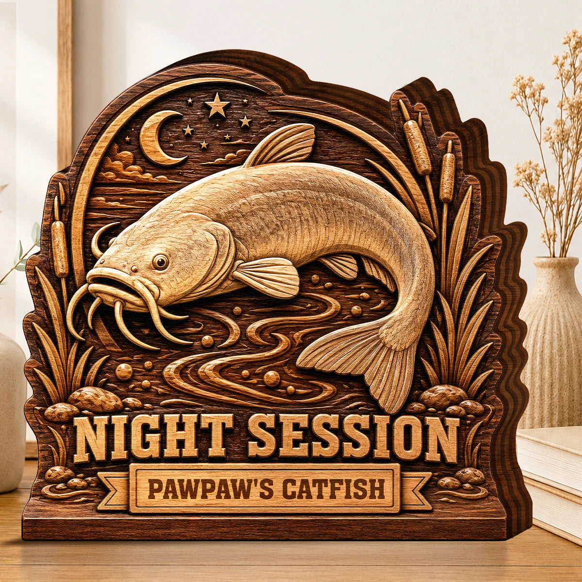 "Night Session" Personalized Catfish Fishing Wooden Block - Custom Gift for Fisherman
