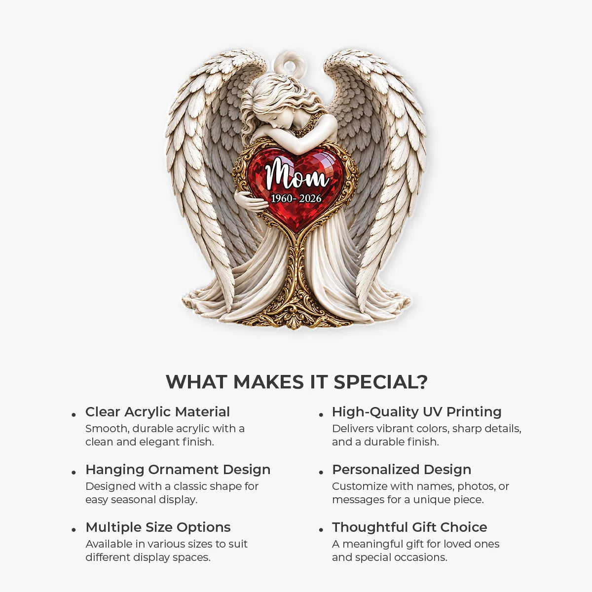 Angel Holding Heart Personalized Memorial Acrylic Ornament - Keepsake Gift for Mom Dad